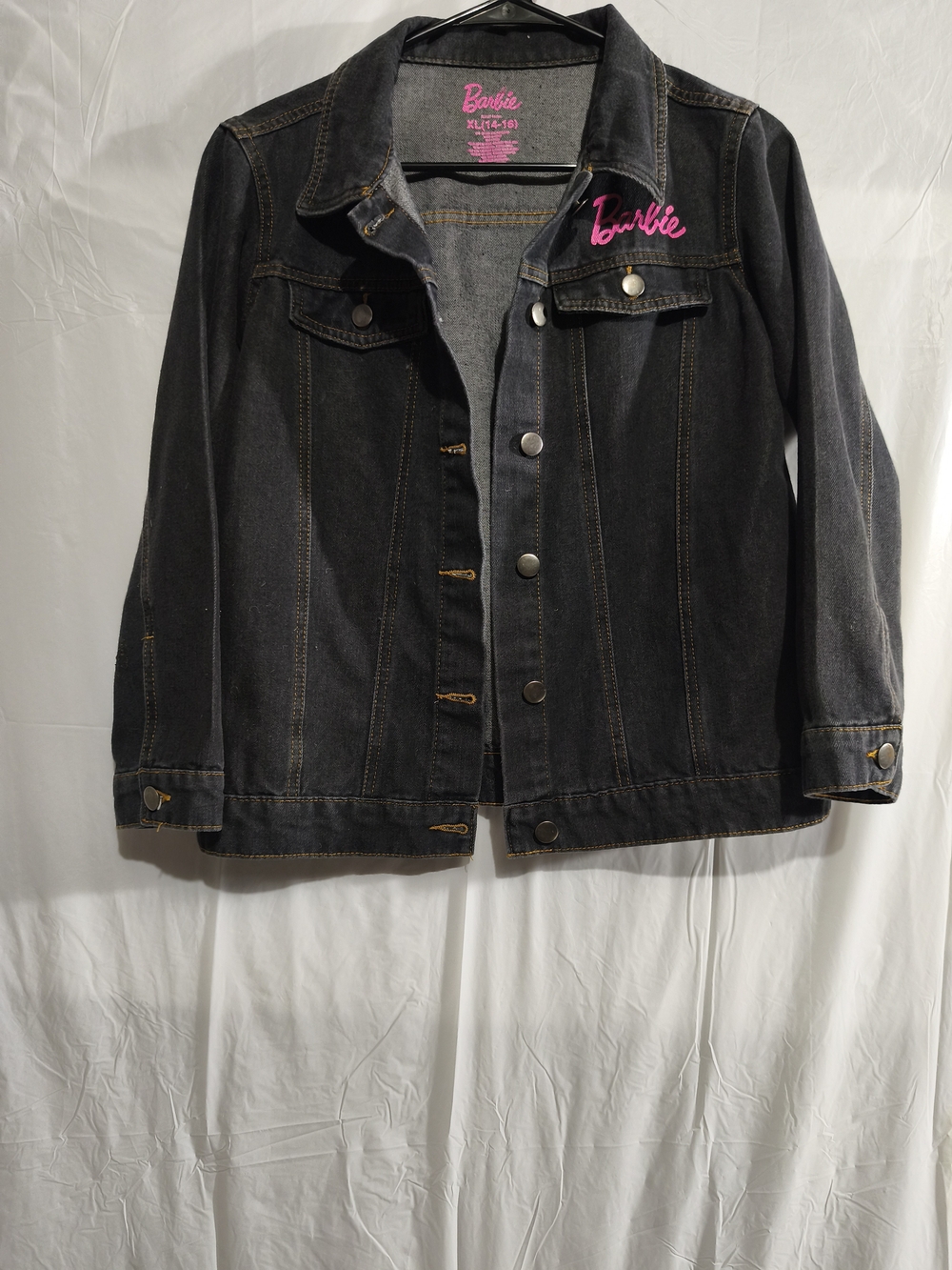 Barbie Women's Black Denim Jacket with Pink Logo